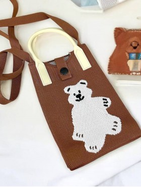 Large Capacity Super Soft Bear Patterned Knitted Cellphone Bag W Strap